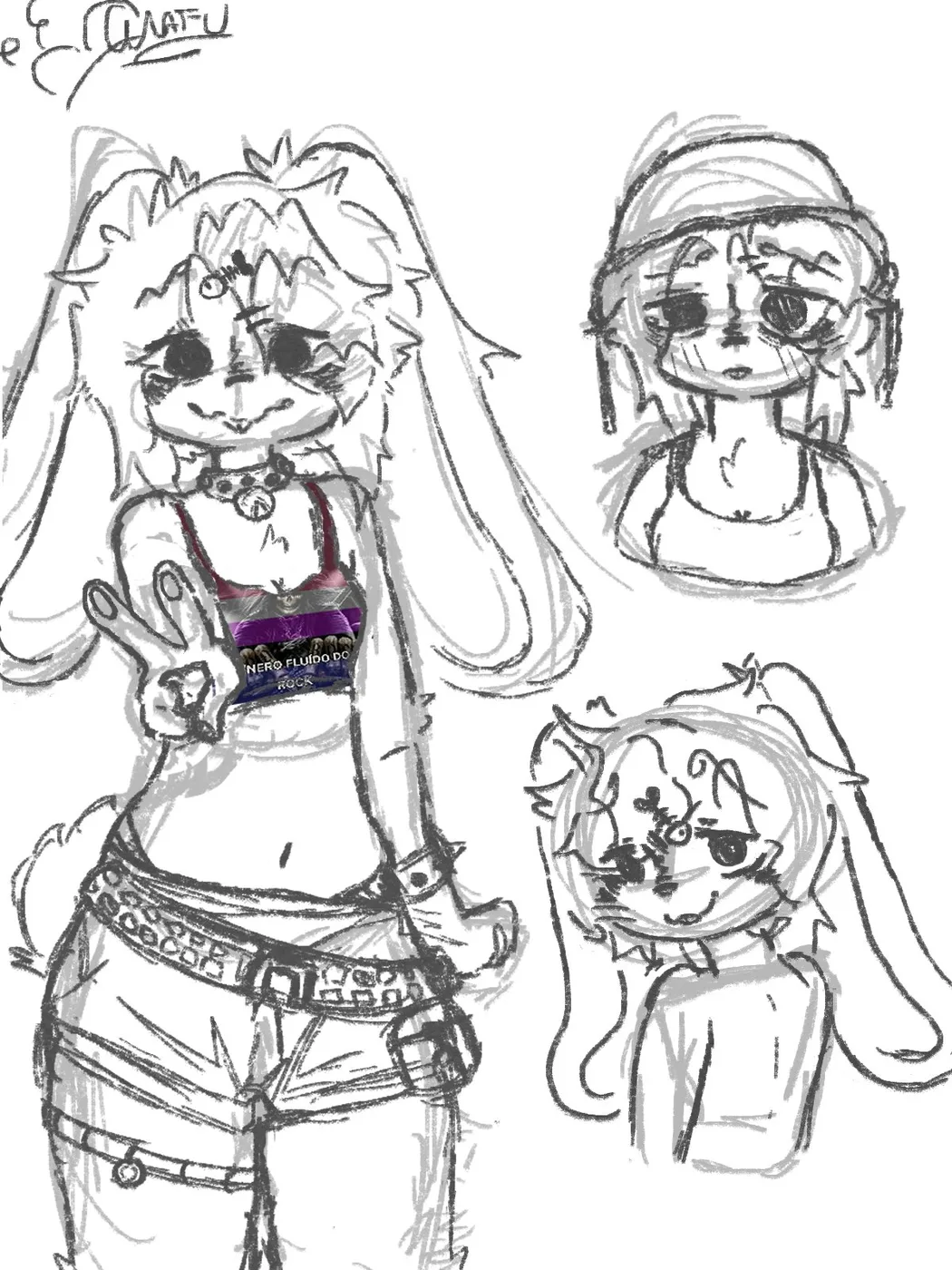 Grey sketch sheet of a long-eared rabbit character with a choker, shorts and a studded belt, plus two bust studies