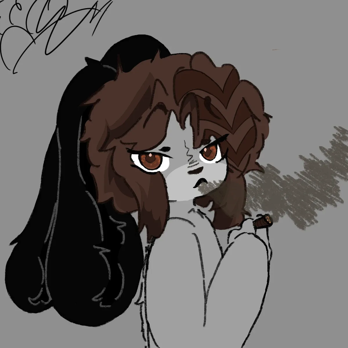 Digital painting of a long-eared character with curly brown hair and amber eyes glancing back over a shoulder, with smoke drifting beside the face