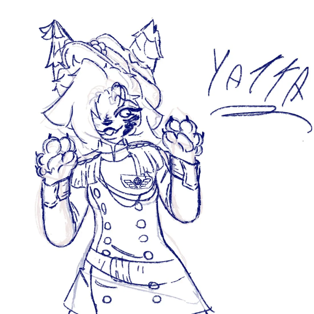 Blue lineart of a cat-eared character in a double-breasted uniform, paws raised, with "YATTA" written beside it