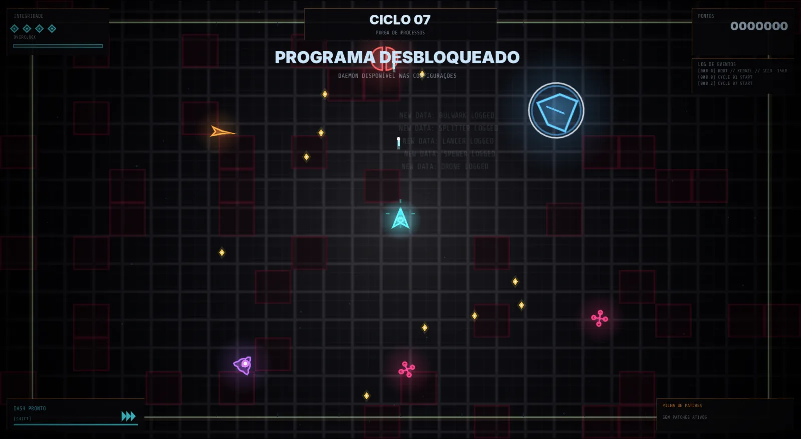 Kernel Panic gameplay: a cyan ship in a neon grid arena with pink, orange and purple enemies and a HUD with integrity, score and an event log