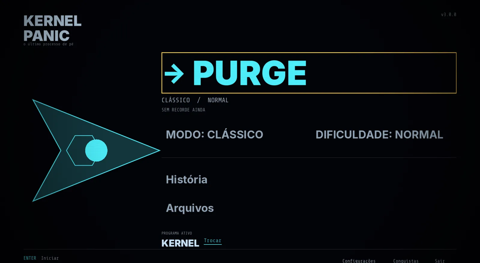 Kernel Panic main menu: a large arrow-shaped ship beside a highlighted PURGE option, with mode and difficulty settings